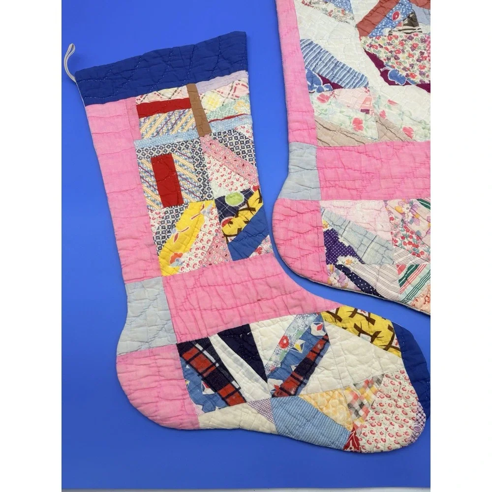 Vintage Handmade Patchwork Quilt Christmas Stockings Pair 23